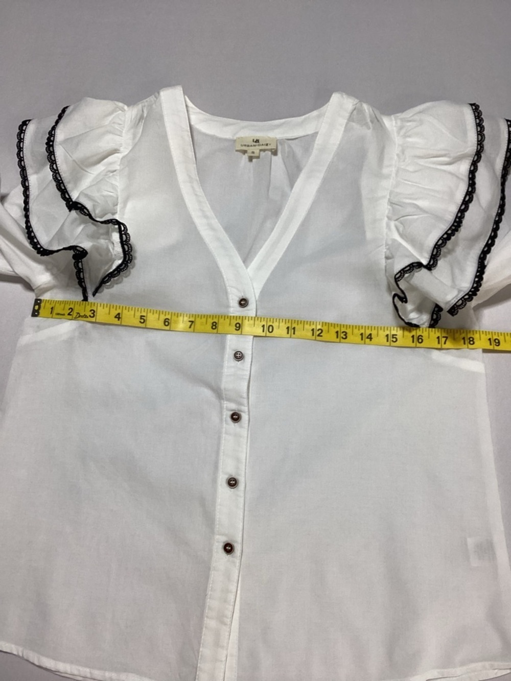Women’s White Ruffle-Trim Button Front Blouse - Picture 9 of 11